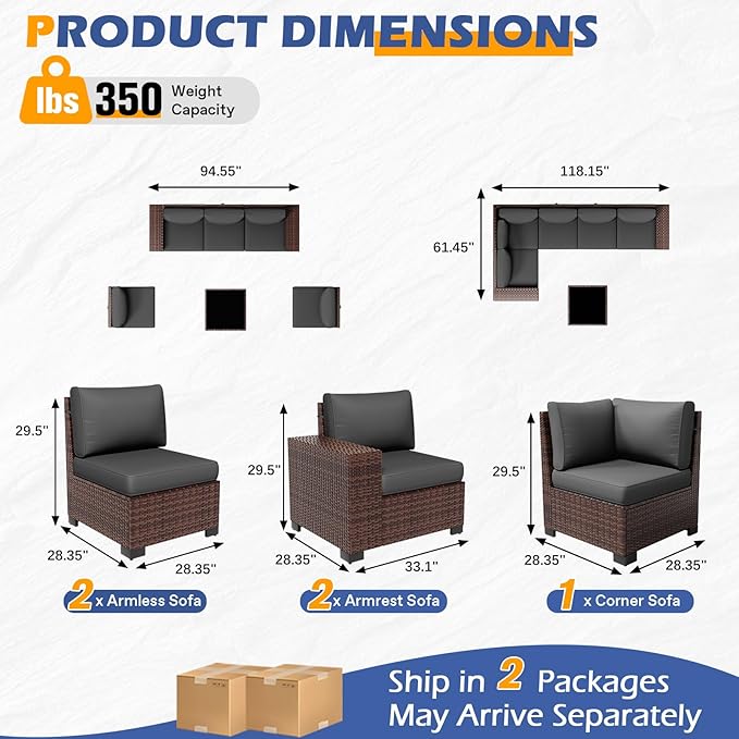 6 Pieces Outdoor Patio Furniture Set with Table Brown Rattan Sectional Sofa Conversation Sets for Balcony Lawn and Garden (Gray, 6 pcs w/Table)
