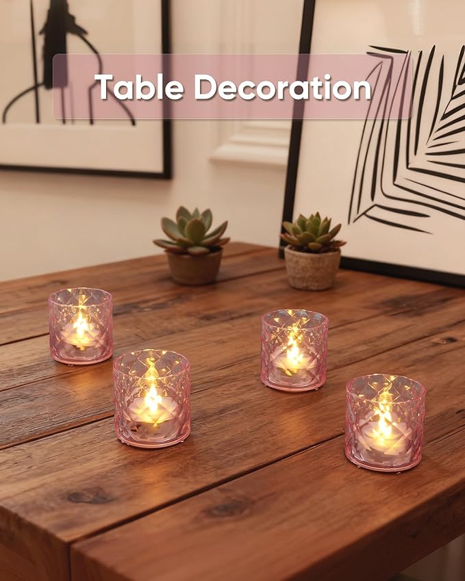 Homemory 2" x 2" Acrylic Votive Candle Holders with Auto Timer Flameless Led Tealight with, Battery Powered Fake Electric Candles for Wedding Centerpiece, Table, Christmas Decor (12Pack, Pink Base)