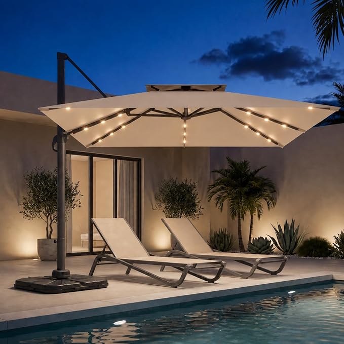 10FT Cantilever Patio Umbrella with Solar Lights, Large Outdoor 2 Tier Aluminum Offset Square Umbrellas 360 Degree Rotation for Garden Deck Pool