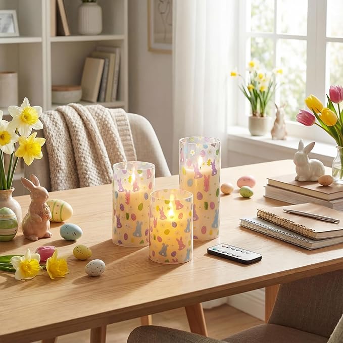 Tujoe 3 Pcs Easter Flameless Candles LED Battery Pillar Candles Set Battery Operated Flickering Gifts with Remote Easter Decorations for Holiday