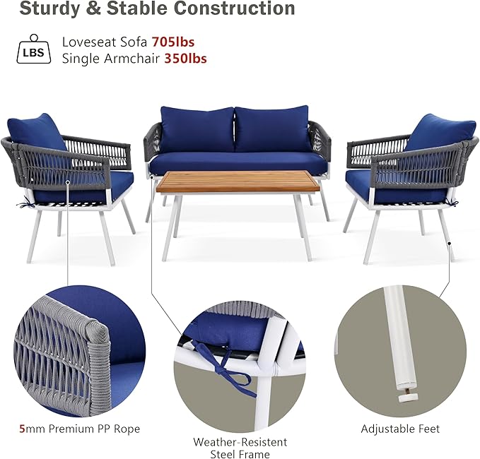 GOWE 4-Piece Boho Rope Patio Furniture Set, Outdoor Furniture with Acacia Wood Table, Patio Conversation Set with Deep Seating & Thick Cushion for Backyard Porch Balcony, Navy Blue