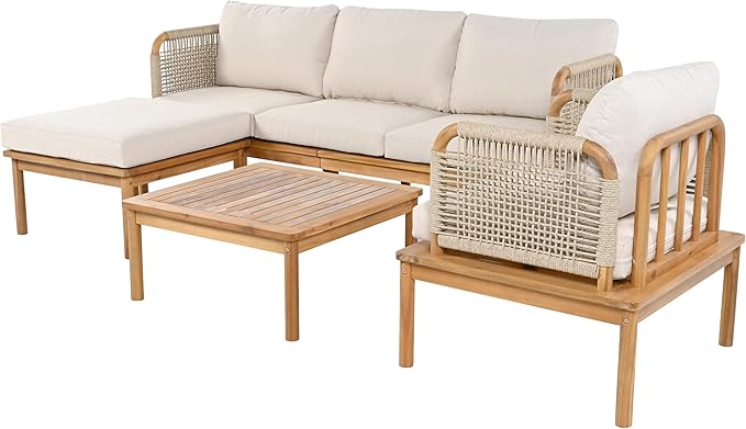 Merax Outdoor 4-Piece Acacia Wood & Rope Patio Sofa Set with Ottoman, Table & Club Chair, Water-Repellent Cushions for Garden & Patio
