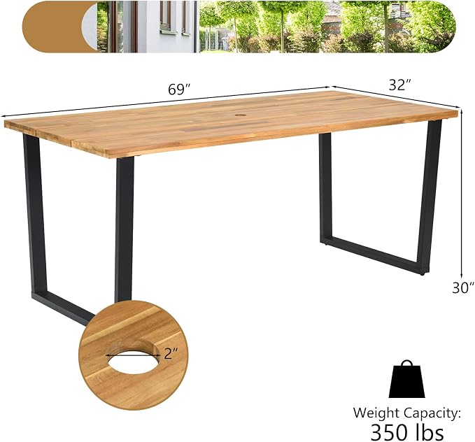 Tangkula Outdoor Dining Set for 4, Weather Resistant Heavy Duty 5 Pieces Patio Acacia Wood Table and Wicker Chairs with Umbrella Hole, Soft Padded Cushions, for Poolside, Backyard, Lawn (5 PCS)