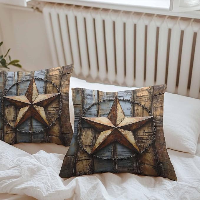 Rustic Star Brown Waterproof Outdoor Pillow Covers Set of 2 Home Decor, Vintage Farmhouse Wooden Grain Art Pillowcase Patio Pillow Covers for Couch Bench Furniture Garden 26x26in
