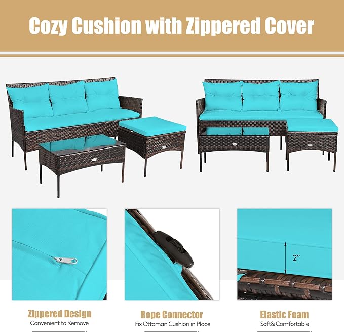 HAPPYGRILL 3 Piece Outdoor Rattan Conversation Set Patio Furniture Set with Tempered Glass Coffee Table, 5 Elastic Seat & Back Cushions, Sectional Sofa Set for Poolside Balcony Backyard