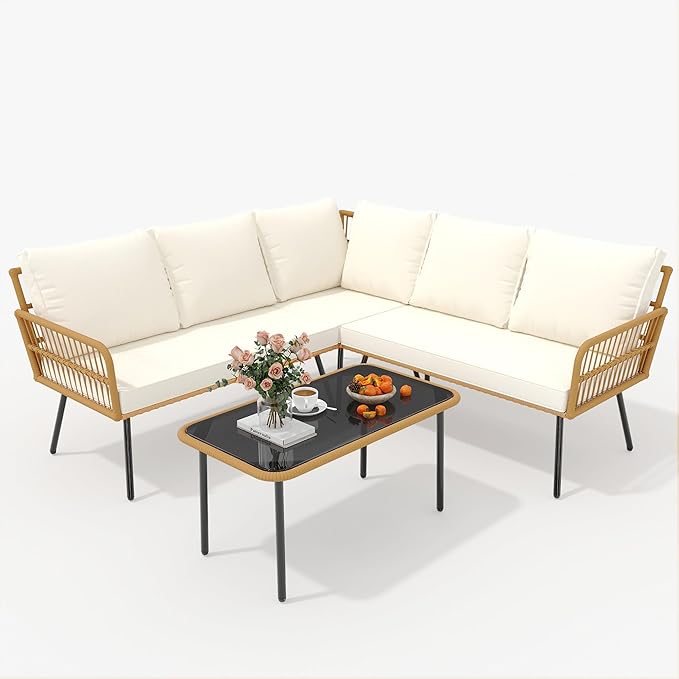 GarveeLife Wicker 4 Pieces Patio Furniture Sets Outdoor Sectional L-Shaped with Cushions & Side Table and Chairs Set, Boho Rattan 5 Seater Conversation Sets for Apartment, Bistro, Backyard,Porch,Beige