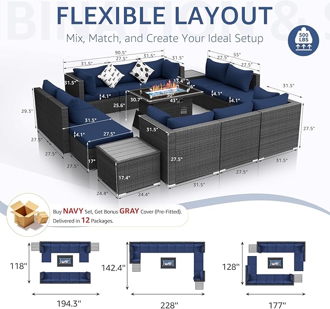 NICESOUL 15 Piece Outdoor Sectional with Fire Pit Table, Modern Luxury Patio Deep Seating w/Firepit, 29.3'' High-Back Wicker Couch Thick, Big High-Weight Capacity Sofa for Terrace, Yard, Gray & Blue