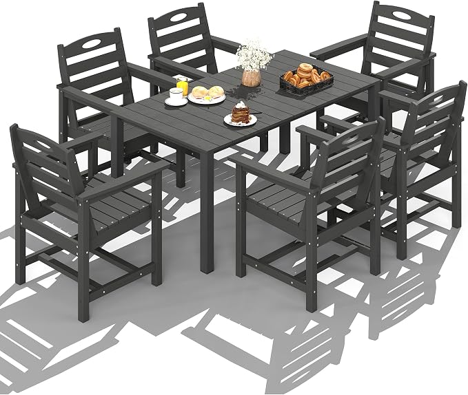 Domi HDPE Outdoor Dining Set, All-Weather 7 Piece Outdoor Dining Table Set with 2" Umbrella Hole, Outdoor Patio Dining Set for Garden, Poolside, Backyard, Deck, Grey
