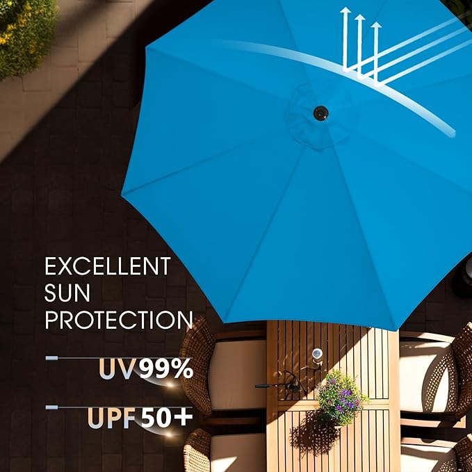 wikiwiki 9FT Patio Umbrella with Base, Outdoor Umbrellas with Base Included, 8 Sturdy Ribs, Waterproof Fade Resistant POLYESTER DTY Canopy for Deck, Lawn, Garden, Backyard & Pool, Royal Blue