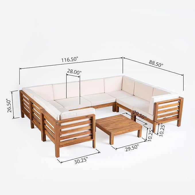 Christopher Knight Home Oana Outdoor U-Shaped Sectional Sofa Set with Coffee Table - 9-Piece 8-Seater - Acacia Wood - Outdoor Cushions - Teak and Beige