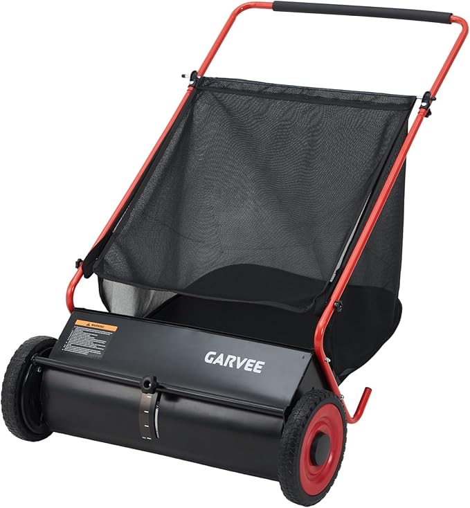 Garvee Push Lawn Sweeper, 26 in Leaf & Grass Collector with 7 Cu. ft. Hopper Bag, 4 Spinning PP Brushes, Durable Steel Construction, Adjustable Height & Rubber Tires for Leaves Grass Cleanup