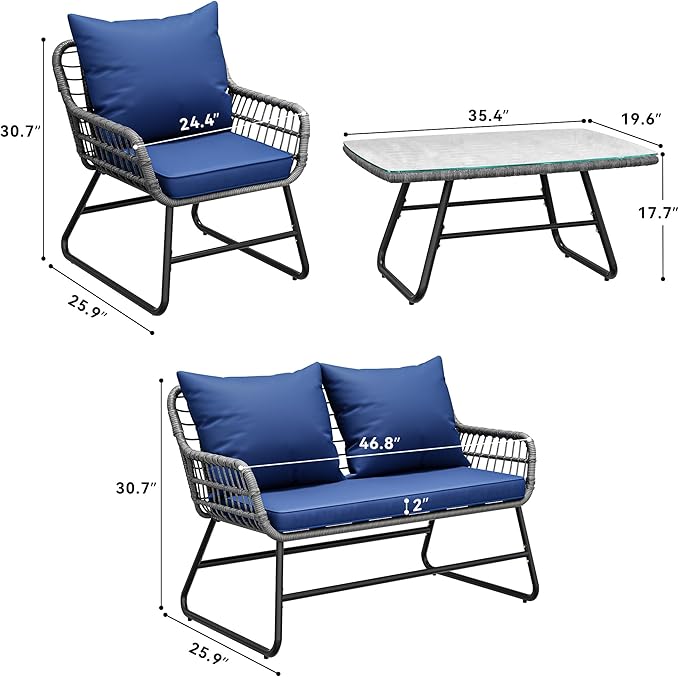 YITAHOME 4-Piece Patio Furniture Set, Wicker Outdoor Bistro Set, All Weather Rattan Patio Conversation Set with Soft Cushions and Glass Side Table for Backyard, Balcony, Deck - Navy Blue