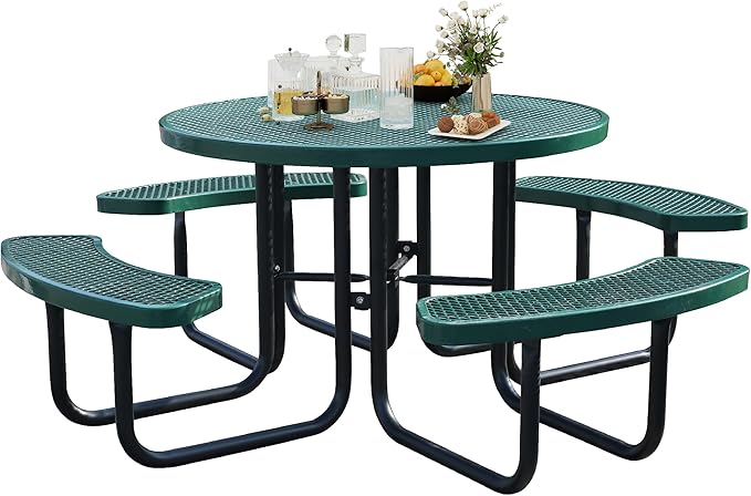 46 Inch Round Outdoor Metal Picnic Table, All-Weather Patio Dining Set for 6-8 Adults, Heavy Duty Steel with Central Umbrella Hole, Perfect for Garden, Backyard, Deck & Small Spaces - Easy Assembly