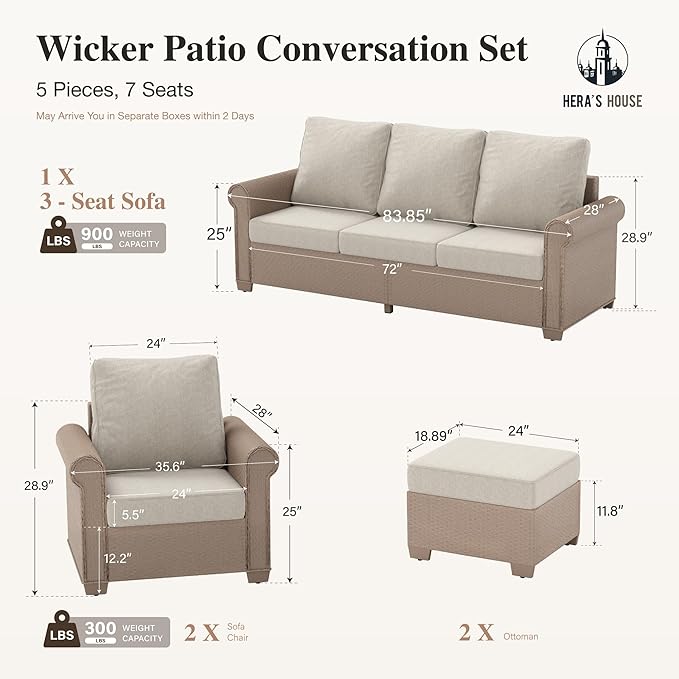 HERA'S HOUSE 5 Pieces Patio Furniture Set, All Weather 7 Seats Outdoor Wicker Sofa with Ottoman, 5.5" Thick Waterproof Cushion Conversation Set for Garden Deck Backyard, Beige