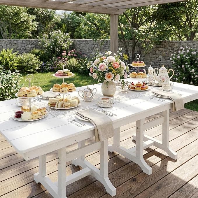 YITAHOME 71 Inch HIPS Outdoor Table, All Weather Patio Dining Table with Umbrella Hole, Faux Wood Rectangular Resin Table for 6, Sturdy Plastic Furniture for Lawn Garden, 165 LBS Capacity, White