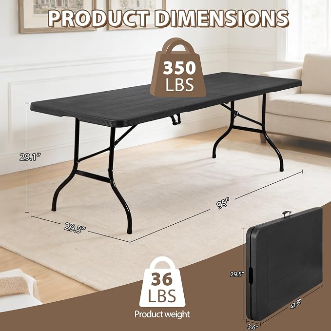 ZENY 8 Feet Plastic Folding Camping Table, Portable Indoor Outdoor Party Picnic Dining Table for Garden Soccer Party Wedding Multipurpose Entertaining Activities (Black)