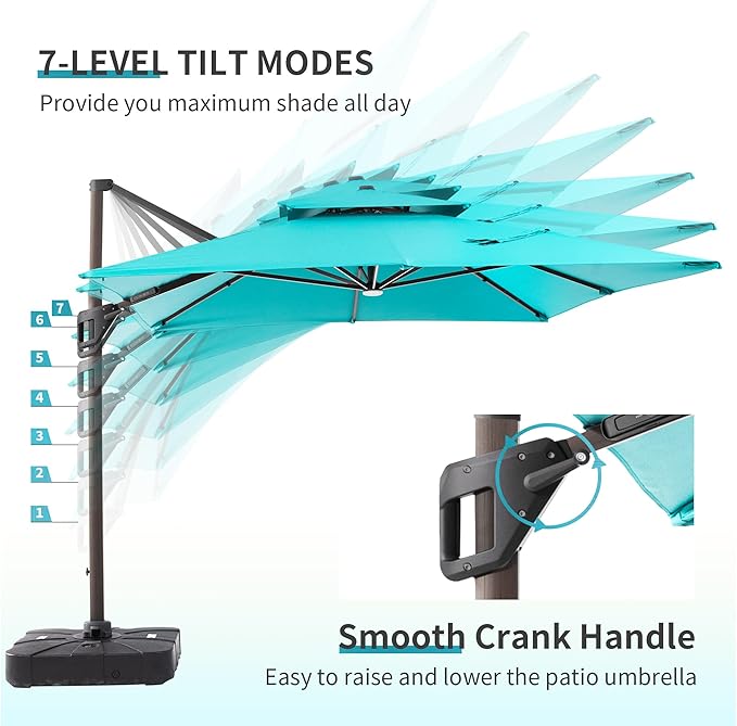 JZAC & QZYD 9x12 FT Outdoor Cantilever Patio Umbrella with Base Included and LED Lights, Large Heavy Duty 2-Tier Aluminum Offset Umbrellas with 360-Degree Rotation for Pool Deck, Turquoise