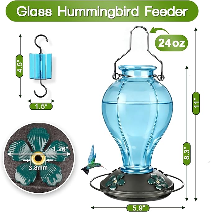 Glass Hummingbird Feeders for Outdoors Hanging, 24oz Wild Bird Nectar Feeder with Ant Moat and 360° Perch, Bee-Resistant Ports,Outside Garden Decor,Colorful Gifts for Women Mom, 1 Pack, Blue