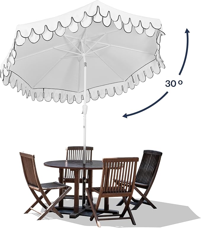 JONATHAN Y Tracy 9 ft. Outdoor Patio Umbrella with Scalloped Edge, Coastal Market Table Umbrella with Crank Lift and Tilt, 8 Sturdy Ribs UV Resistant for Pool, White, White Pole UMB1002D