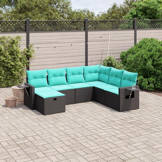 7 Piece Patio Sofa Set with Cushions, Patio Conversation Set Outdoor Dining Sets Porch Furniture Set Outdoor Sofa Sets for Piazza Exhibition Negotiation Area Garden Black Poly Rattan