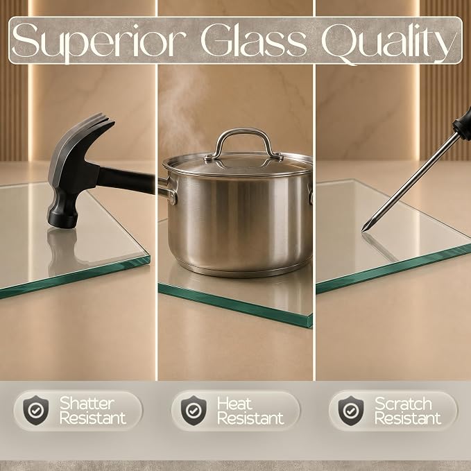 20 inch Square 1/4" Thick Flat Polished Edge Glass Table Top with 6 Bumpers - Tempered, Scratch Resistant & Safety Replacement Glass Designed for Dining, Coffee, Patio & End Tables