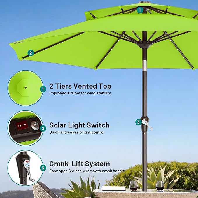 AreShark 9ft 2 Tiers Patio Umbrella with Solar Lights, Outdoor Umbrella w/ 32 LED Lights&8 Sturdy Ribs, Table Umbrella for Deck, Backyard, Pool(Apple Green)