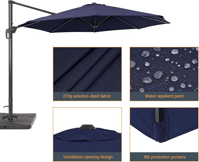 FLAME&SHADE 11 ft Cantilever Offset Patio Umbrella, Large Heavy Duty Outdoor Patio Umbrella Aluminum 360° Rotation Round Outdoor Umbrella for Deck,Pool,Backyard