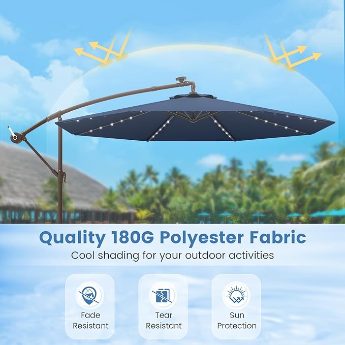 Tangkula 10FT Offset Patio Umbrella with Base Included, Outdoor Cantilever Umbrella with 40 Solar LED Lights, Tilt Adjustment, Crank Handle, Vented Top, Sand Bags for Pool Yard Deck (Navy)