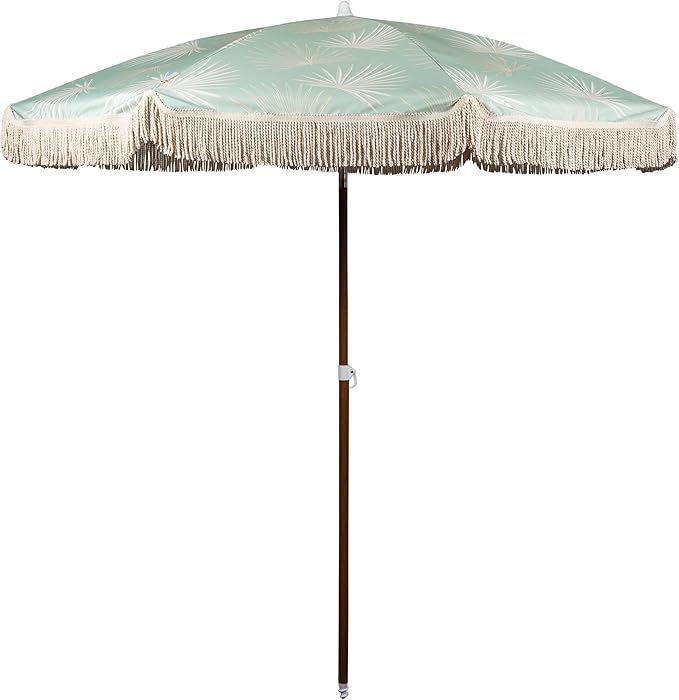BEACH STATE Summerland 6.5ft Beach Umbrella with Fringe, UV 50+ Patio Umbrella with Titlting Pole, Holiday Tassel Umbrella with Carry Bag, (Palm Beach)