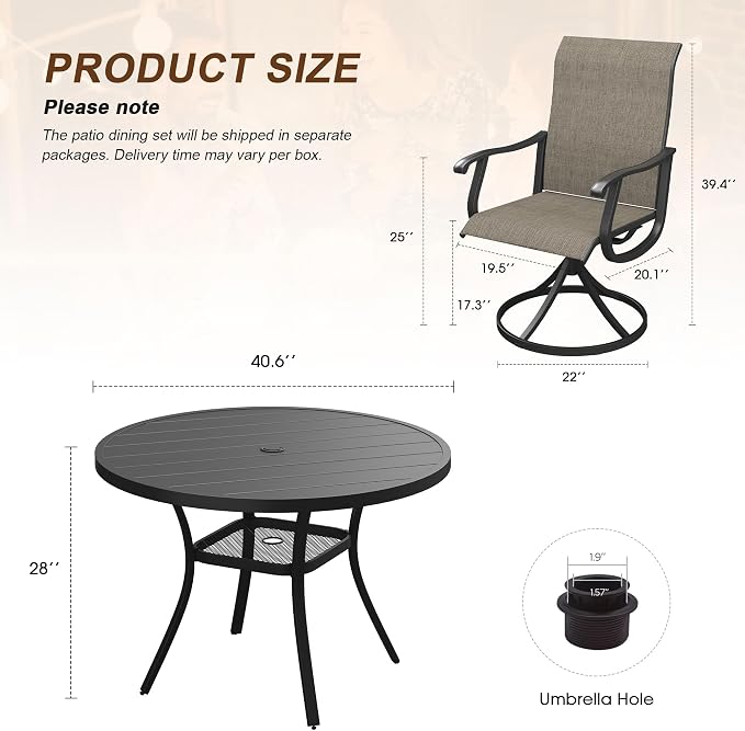 VICLLAX Patio 5 Pieces Outdoor Dining Set, 40.6" Round Metal Table with Umbrella Hole and 4 Swivel Textilene Chairs for Lawn, Garden, Porch, Black/Brown