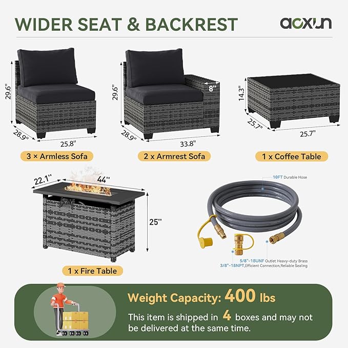 Aoxun Outdoor Patio Furniture Set with 44'' Fire Pit Table, 7 Pcs Outdoor Patio Furniture Sets with 4'' Thicken Cushion, Widen Armrests Wicker Outdoor Sectional for Backyard (Gas Converter Include)