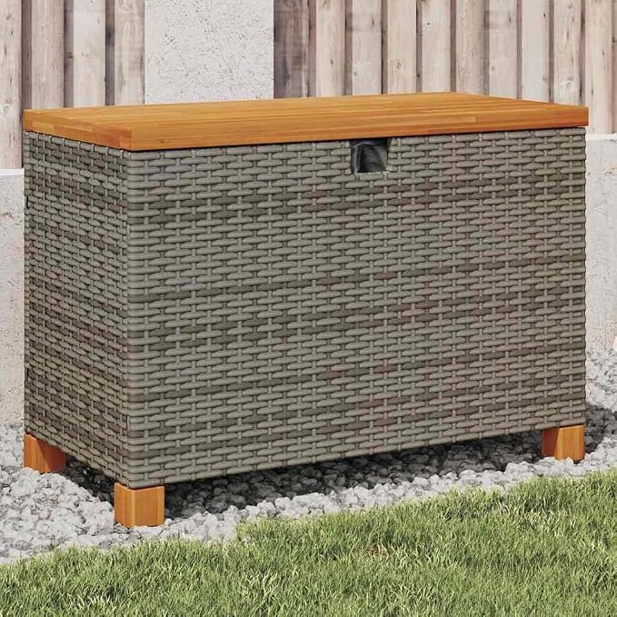 Garden Storage Box 31.5 Inch PE Rattan Outdoor Cushion Storage Bin with Acacia Wood Lid for Patio Deck Balcony and Terrace Grey and Brown Woven Texture