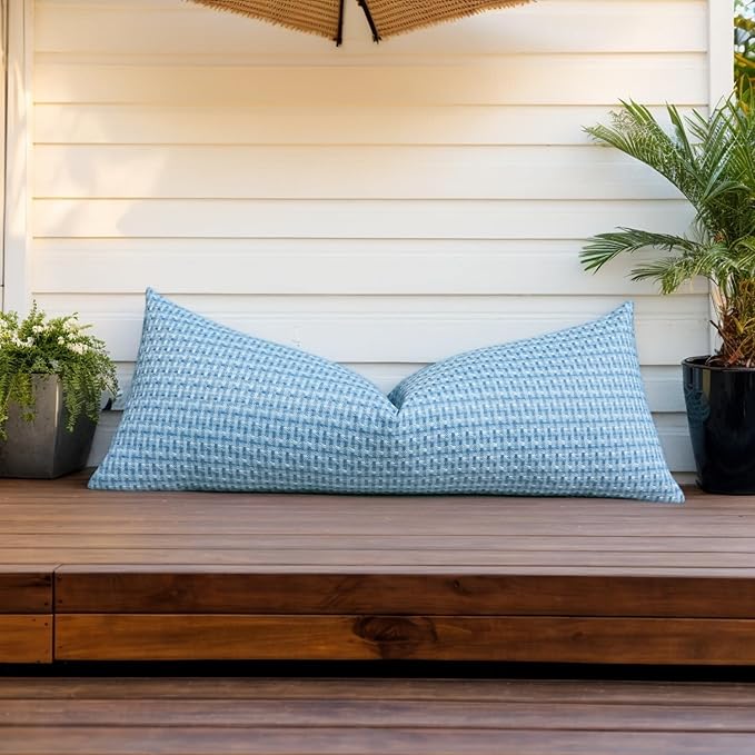 Kevin Textile Outdoor Waterproof Throw Pillow Covers 14x36 Inch Pack of 1 Boho Farmhouse Decorative Long Lumbar Cushion Covers for Garden Patio Tent Balcony Bench Couch Sofa, Light Blue