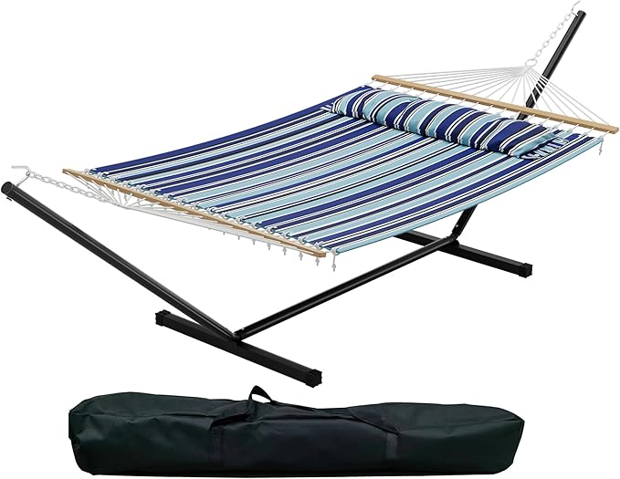 GAOMON Double Hammock with Stand, 475 lb Capacity, Adjustable Portable Hammock Chair with Sturdy Steel Frame, Thick Rope, Quilted Pillow and Carrying Bag Suitable for Backyard, Camping or Outdoor