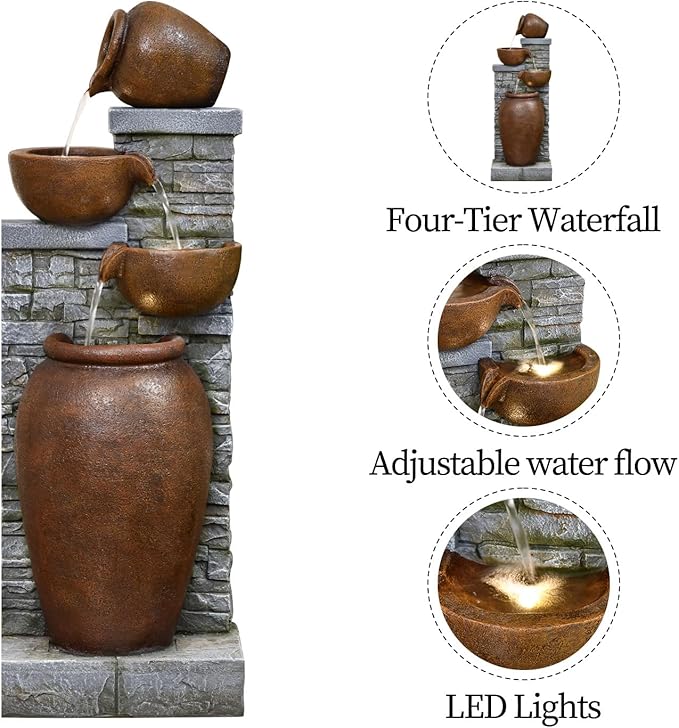 42.52" Outdoor Water Fountain with LED Lights, 4-Tier Floor-Standing Garden Waterfall Fountain, Rustic Pot Design Resin Water Feature for Patio, Backyard, Deck, Porch, Home Deco
