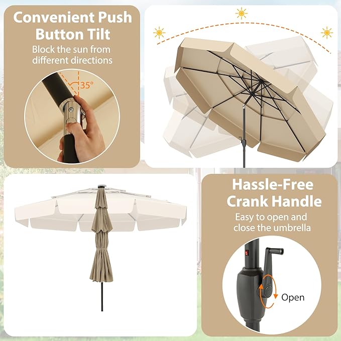 Tangkula 10 FT Solar LED Patio Umbrella, 3-Tiers Scalloped Outdoor Table Market Umbrella with 32 LED Lights, Tilt Adjustment, Crank, 8 Sturdy Ribs for Pool, Deck, Backyard (Beige)