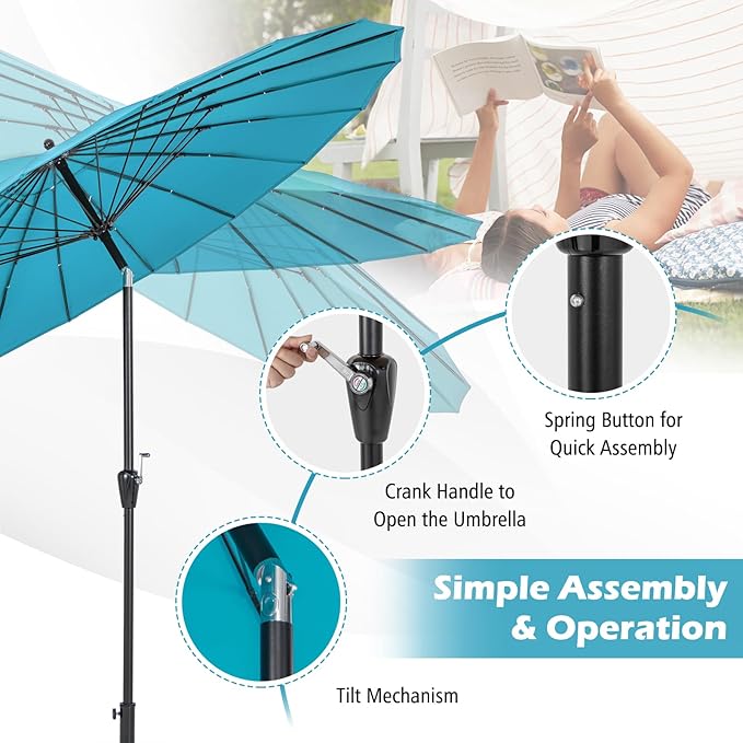 Tangkula 9FT Round Patio Umbrella, Outdoor Market Umbrella with 18 Fiberglass Ribs, Push Button Tilt, Crank, Fade-resistant Canopy & Ventilation, Aluminum Table Umbrella for Backyard, Pool (Turquoise)