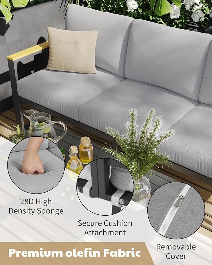 1 Pcs 3-Seat Aluminum Sofa and Coffee Table, Aluminum Patio Set with Washable Thick Cushion for Balcony, Garden, Deck, Backyard,Gray