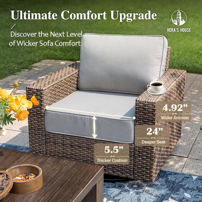 HERA'S HOUSE Patio Furniture Conversation Set, Outdoor Swivel Glide Wicker Chairs with 4.92" Widened Armrest, 4 Pieces Deep Seating Yellow Rattan Sofa with 5.5" Gray Cushions for Deck Garden Yard