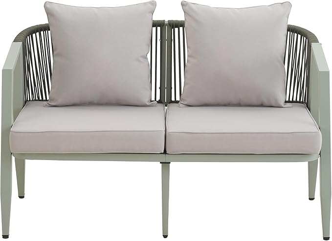 GDFStudio Aoxwe 4 Piece Outdoor Conversation Set, Rope Woven Club Chairs, Woven Open Back Loveseat, Slats Panel Design Coffee Table, Iron Frame Sectional Conversation Set for Poolside, Green