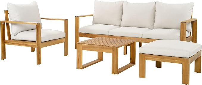 KLMM Outdoor 4pcs Acacia Sectional Patio Sofa Set with Cushions,for Patio Balcony Garden (Beige+Grey,Teak-PS)