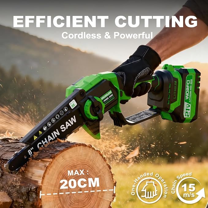 8-Inch Mini Chainsaw with 2Pcs Batteries&Charger, Brushless Cordless Chainsaws with Auto-Oiler, Electric Chain Saw Perfect Gardening Tools for Wood/Trees Pruning, Gifts for Men Women
