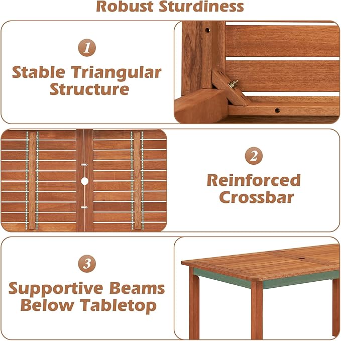 Tangkula Set of 3 Patio Dining Set for 4, Solid Wood Dining Table with 2 Benches, Outdoor Table Bench with 2” Umbrella Hole & Teak Oil Finish, Dining Furniture Set for Yard, Deck, Porch, Indoors