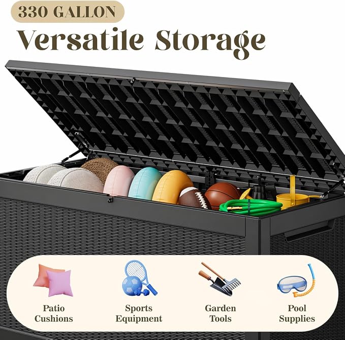 KAMABOKO 330 Gallon Outdoor Storage Box, Resin Large Deck Box Outdoor Waterproof Storage Bench with Lockable Lid for Patio Cushions, Garden Tools, Package Delivery, Pool Supplies, Black