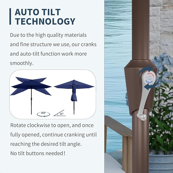 PatioKingdom Auto-Tilt 9FT Patio Umbrella Outdoor with 8 Sturdy Fiberglass Ribs,Market Table Umbrella for Pool,Backyard,Deck and Garden (Navy)