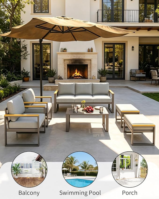IDEALHOUSE Aluminum Patio Furniture Set, 7 Seats Outdoor Patio Conversation Sets with Coffee Table, 6 Pieces Metal Conversation Sectional Furniture Sofa for Balcony, Garden, Deck, Backyard,Gray