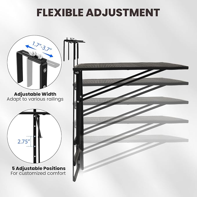 Giantex Balcony Railing Table, 31.5" Large Metal Folding Bar Table with 5-Position Adjustable Height, Heavy Duty Outdoor Hanging Breakfast Table Adapts Various Railings for Porch, Patio, Deck, Black