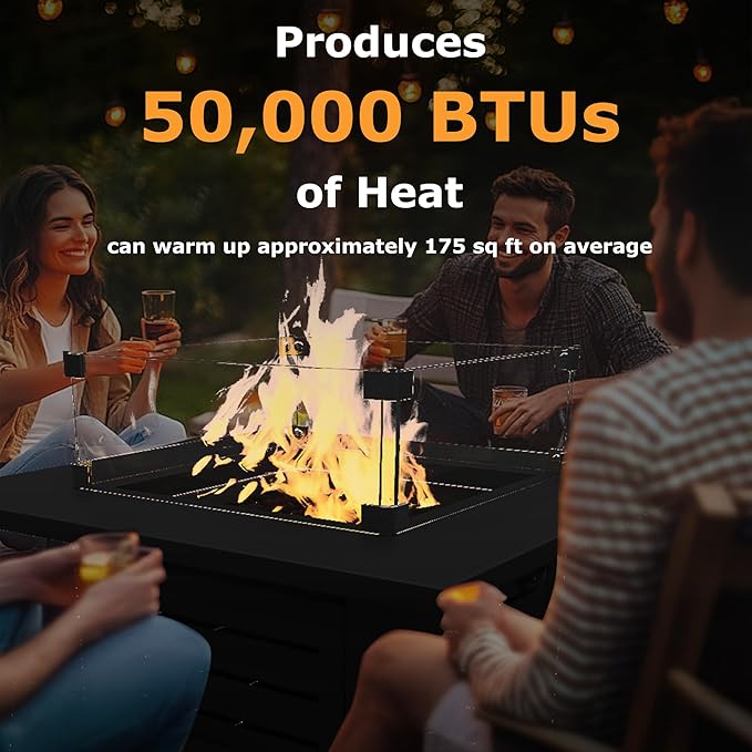 5-Piece Patio Furniture Set with 28” Propane Fire Pit Table, Heavy-Duty Metal Outdoor Conversation Set with Deep Cushions & Wood-Like Armrests for Patio, Porch, Backyard, Garden – Brown