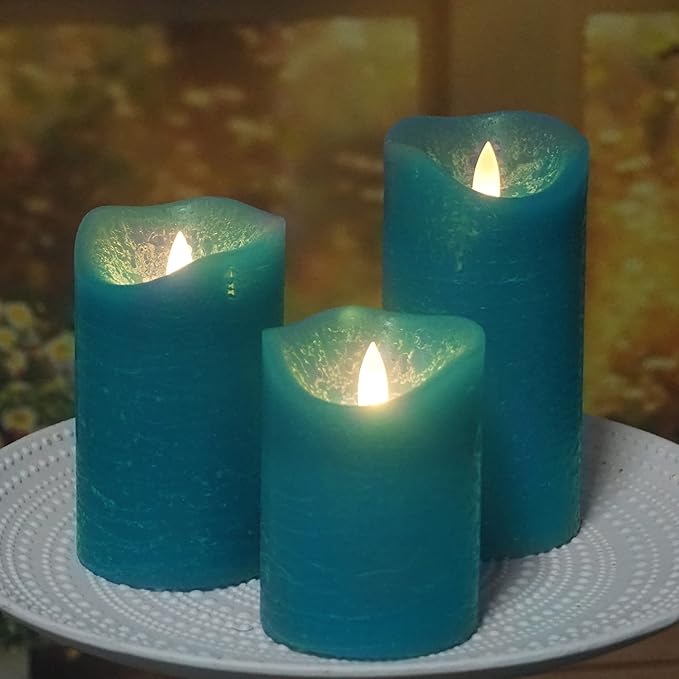 CANDLE CHOICE Real Wax Battery Operated Flameless Candles with Remote Automatic Daily Cycle Timer Realistic Flickering Electric LED Pillars Wedding Party Holiday Decorations 3 Pack Rustic Texture Teal