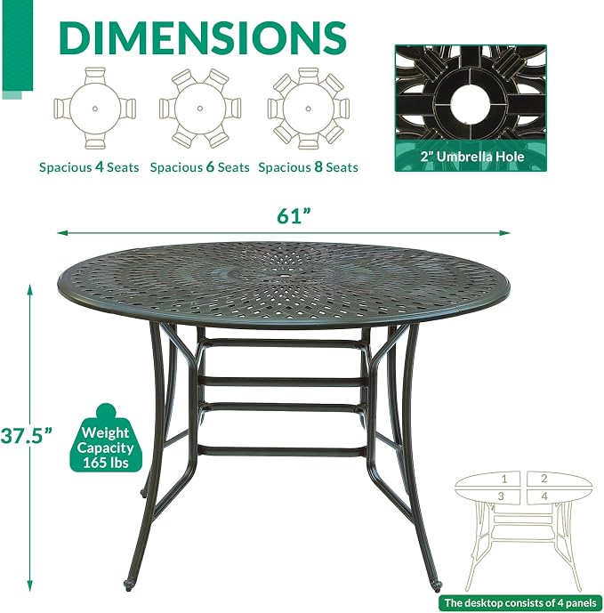 VIVIJASON 61" Round Patio Height Bar Table, All-Weather Cast Aluminum Large High Top Dining Table with 2" Umbrella Hole for Deck Garden Backyards, Fits for 6-8 Person, Dark Bronze